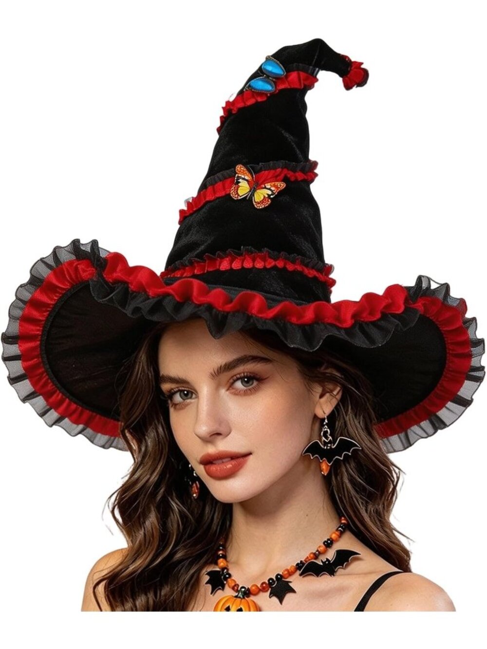 🎃Women's Black Red Lass Brim Pointed Wizard Party Costume Accessory Witch Hat